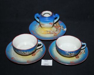 Lmas Mini Porcelain Occupied Japan Blue Dragon Tea Cups & Saucers