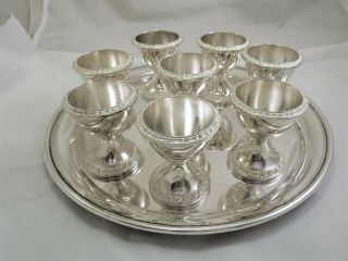 Vintage Set Of 8 Silver Plated Egg Cups And Tray