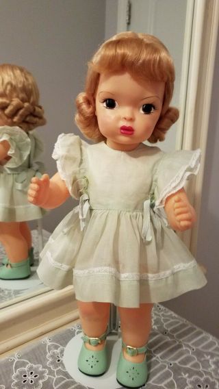 Vintage Terri Lee in tagged organdy dress and teddy shoes,  anklets,  bows 3