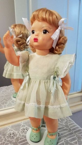 Vintage Terri Lee in tagged organdy dress and teddy shoes,  anklets,  bows 6