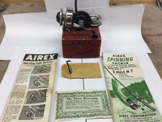 Antique Vintage Airex Bache Brown Model 3 Half Bail Spinning Reel,  Box,  Papers,