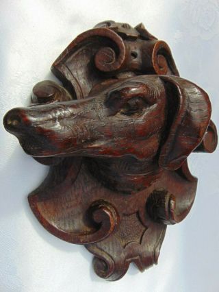 Antique French Black Forest Hand Carved Wooden Decorative Dog Head Plaque