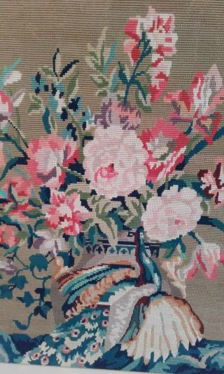 A Vintage Needlework / Embroidery Picture Of Roses & Peacock / Tapestries