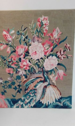 A Vintage Needlework / Embroidery Picture of Roses & Peacock / Tapestries 2