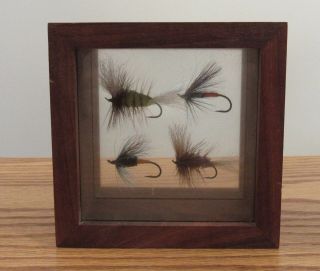 Signed Dick Pearson 4 Hand Tied Fly Fishing Lures In Wood Shadow Box Frame