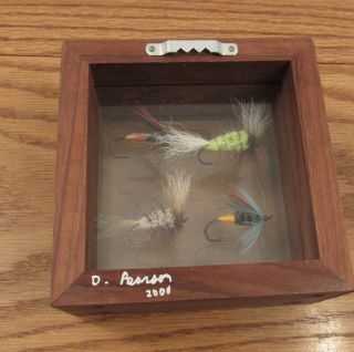 Signed Dick Pearson 4 hand tied fly fishing lures in wood shadow box frame 3