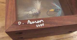 Signed Dick Pearson 4 hand tied fly fishing lures in wood shadow box frame 4