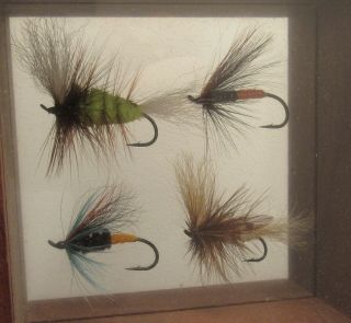Signed Dick Pearson 4 hand tied fly fishing lures in wood shadow box frame 6