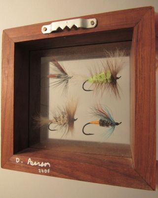 Signed Dick Pearson 4 hand tied fly fishing lures in wood shadow box frame 7