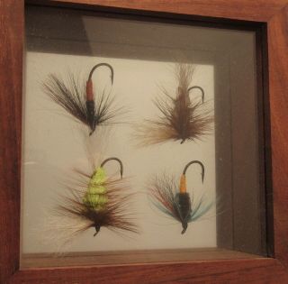 Signed Dick Pearson 4 hand tied fly fishing lures in wood shadow box frame 8