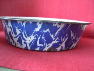 Primitive Antique Dark Cobalt Blue Swirl Graniteware Enamelware Dish Pan Pot
