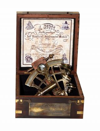 Antique Halloween Nautical Solid Brass J Scott London 4 " Sextant With Wooden Box