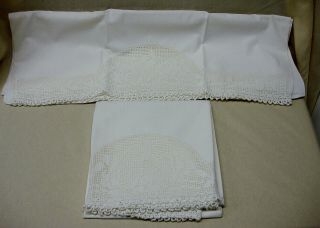 Antiques Vintage Pair 100 Cotton White Pillowcases Gorgeous 5 1/2 " Hand Crochet