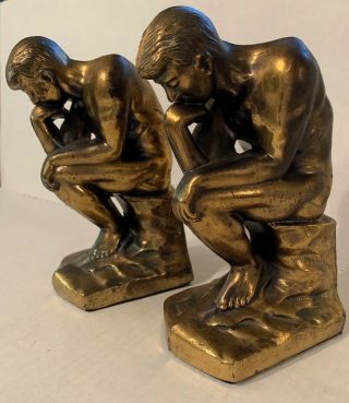 Vintage Antique Rodin Thinking Man Bookends Pair Cast Brass Sculpture