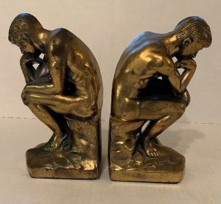 Vintage Antique Rodin Thinking Man Bookends Pair Cast Brass Sculpture 2