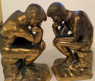 Vintage Antique Rodin Thinking Man Bookends Pair Cast Brass Sculpture 5