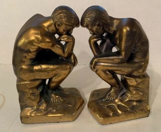 Vintage Antique Rodin Thinking Man Bookends Pair Cast Brass Sculpture 6