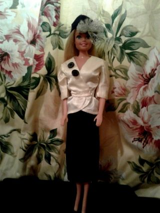 Vintage Barbie Doll In White Silk Jacket And Black Silk Skirt W/black Hat