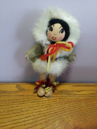 Vintage Handmade Eskimo Doll 7 " Rabbit Fur Yarn Felt