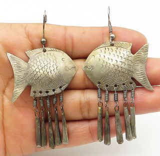 925 Sterling Silver - Vintage Antique Fish Designed Dangle Earrings - E5262
