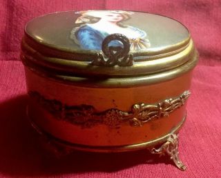 Antique French Gilt Bronze Footed Jewelry Trinket Box Hand Painted Limoges.