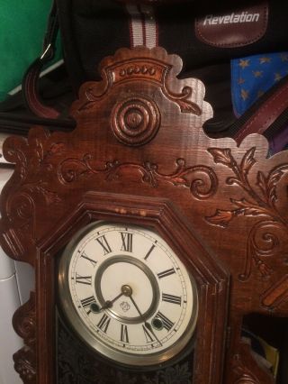 ansonia gingerbread clock with key,  pendulum and glass 5