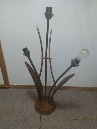 Vtg Mid Century Modern Danish 3 Light Tulip And Walnut Table Lamp Rare