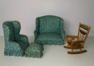 Vintage Dollhouse Living Room Set Upholstered Sofa Ottoman Rocking Chair