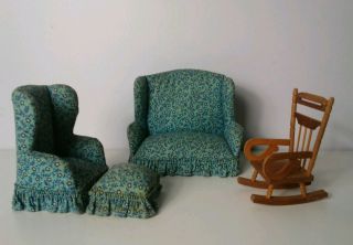 Vintage Dollhouse Living room set Upholstered Sofa Ottoman Rocking chair 2