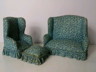 Vintage Dollhouse Living room set Upholstered Sofa Ottoman Rocking chair 3