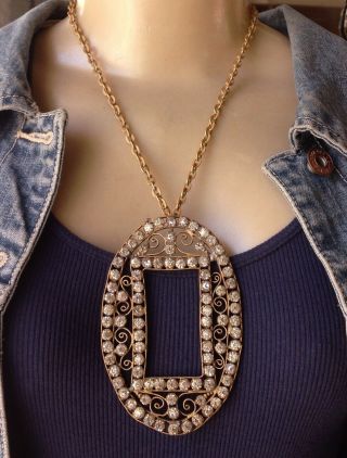 Vintage Necklace Huge Antique Flapper Rhinestone Filigree Buckle Pendant