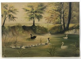 Antique Oil On Canvas Pond Landscape Swan Duck Vintage Painting Signed Iris 27”