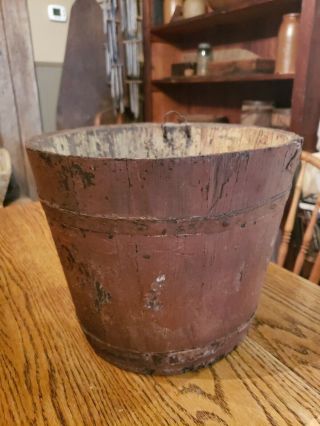 Antique Wooden Staved Sap Bucket W/original Hook,  2 Bands,  Tight,  Old Red Paint