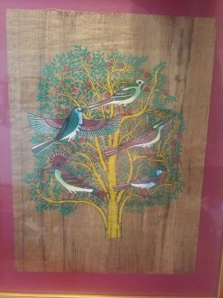 Vintage Painting On Wood Grain Unsigned 5 Birds On A Tree Framed 21x17