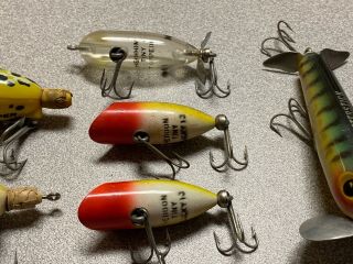 7 vtg fishing lures - Fred Arbogast Jitterbug,  Heddon Torpedo,  Tiny,  Hula Popper 3