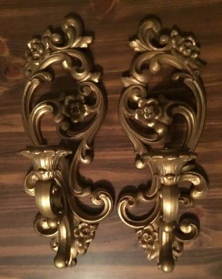 Pair Wall Candle Sconces Gold Ornate Syroco Homco Vintage Hollywood Regency 15 "