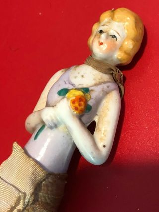 Antique Half Doll on clothes brush Germany All Porcelain Bisque Sewing Doll 2