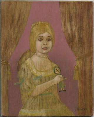 Antique Folk Style Oil Painting On Board - Little Girl - Signed 8x10 - Unframed -