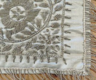 Antique 19thc Silver Bullion Stumpwork Embroidery On Silk Runner 48x17