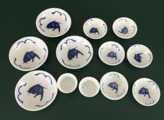 Antique Misty Rose Chinese Porcelain Blue & White Koi Fish Sauce Bowls,  Tiny Cups