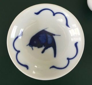 Antique Misty Rose Chinese Porcelain Blue & White Koi Fish Sauce Bowls,  Tiny Cups 2