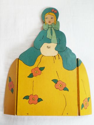 Antique Primitive Hand Painted Wood Sewing Thread Holder Cute Girl Dressed Up