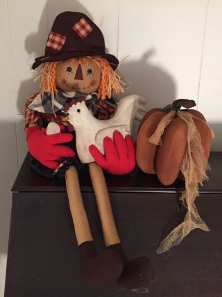 Primitive Folk Art Raggedy Ann Doll Samuel Scarecrow W/ Chicken Egg 3d Pumpkin
