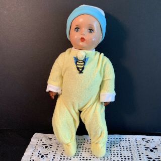 Vintage 1950s Baby Doll Composition Head Jointed Rubber Body Sleepy Eyes 12”