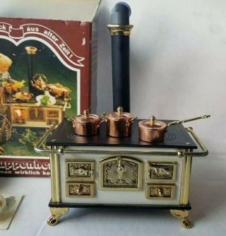 Puppenherd Ornate Brass Stove With Some Copper Pots German Bodo Hennig 6600