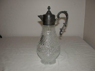 Vintage Diamond Cut Glass Pitcher Decanter With Silver Plated Hinged Lid Italy