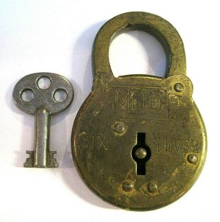 Antique Vintage Miller Six Lever Padlock & Skeleton Key