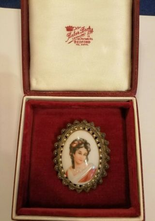 Antique Hand Painted Limoges Porcelain Brooch With Seed Pearl Surround