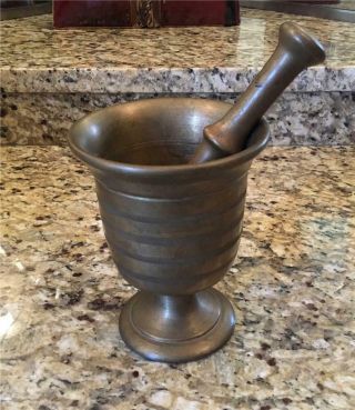 Antique Brass Or Bronze Mortar And Pestle Heavy Thick 6,  Lbs Apothecary Medicine