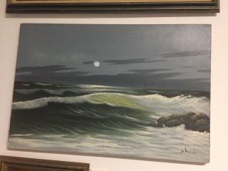 Antique Or Vintage Oil Painting Seascape Moon Signed Schiller